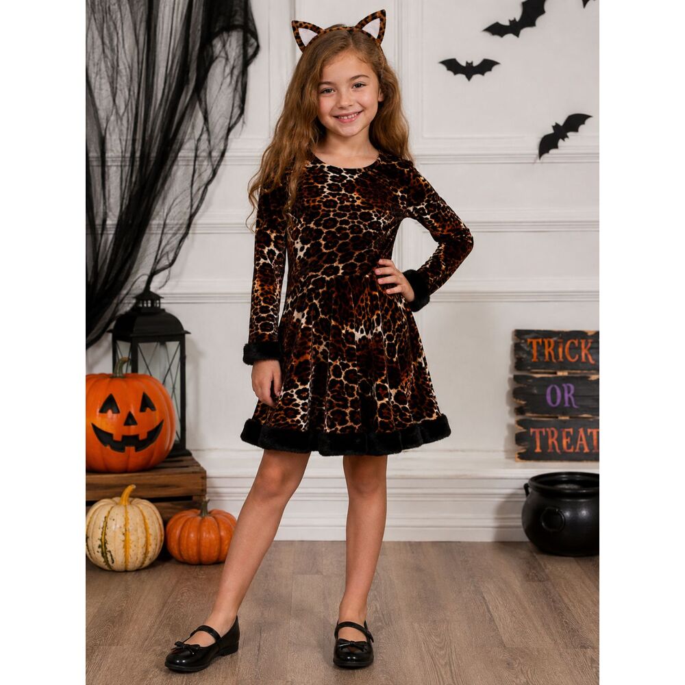 Girls Leopard Cat Halloween Costume Size 4-6T Faux Fur Trim Dress Ears Headband